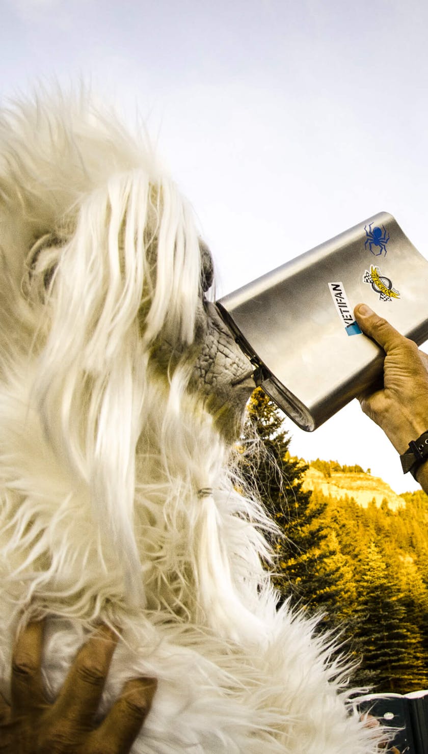 The Yeti taking a swig from the Muffler