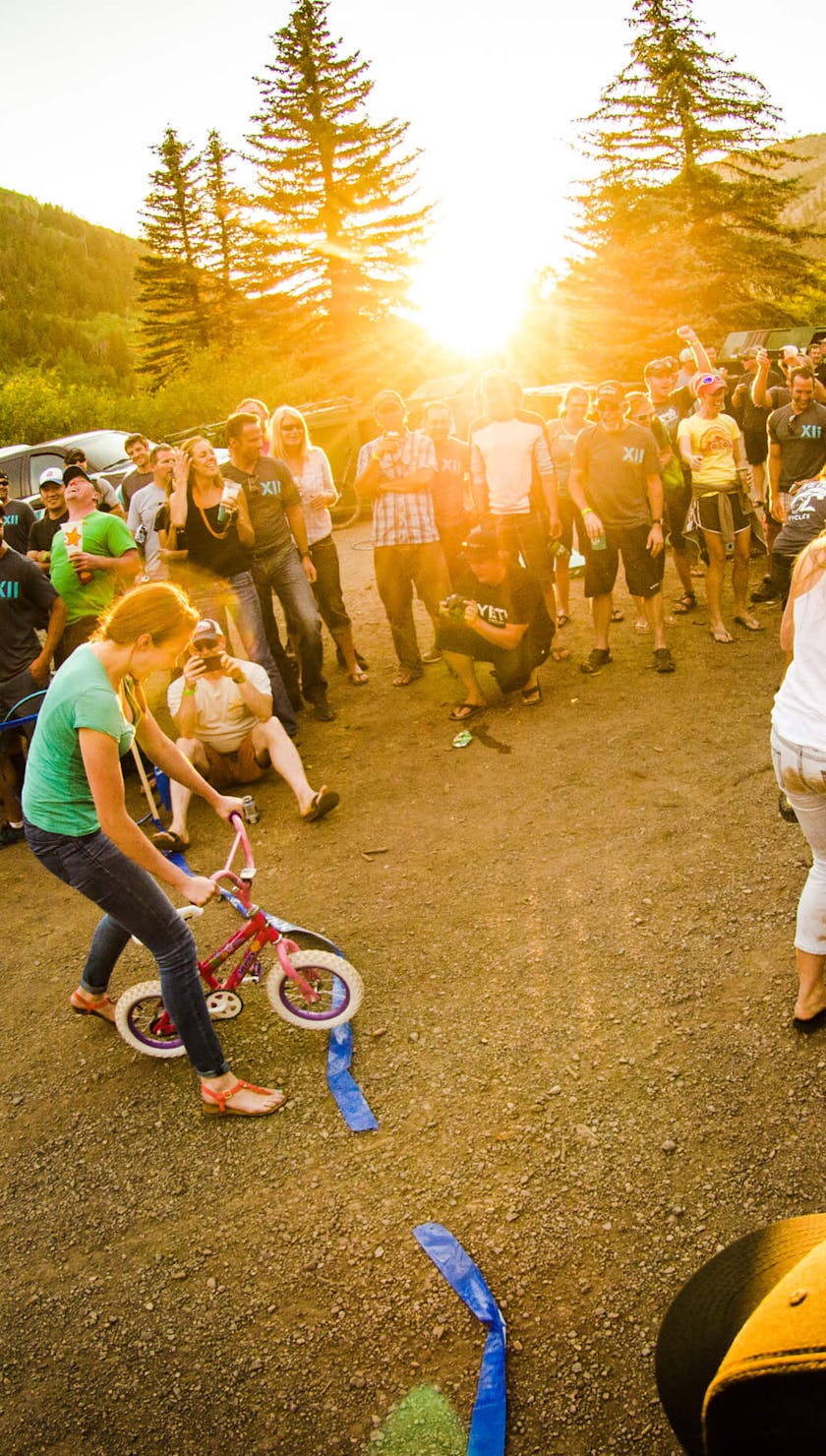 Carnage at the finish line of the mini bike race