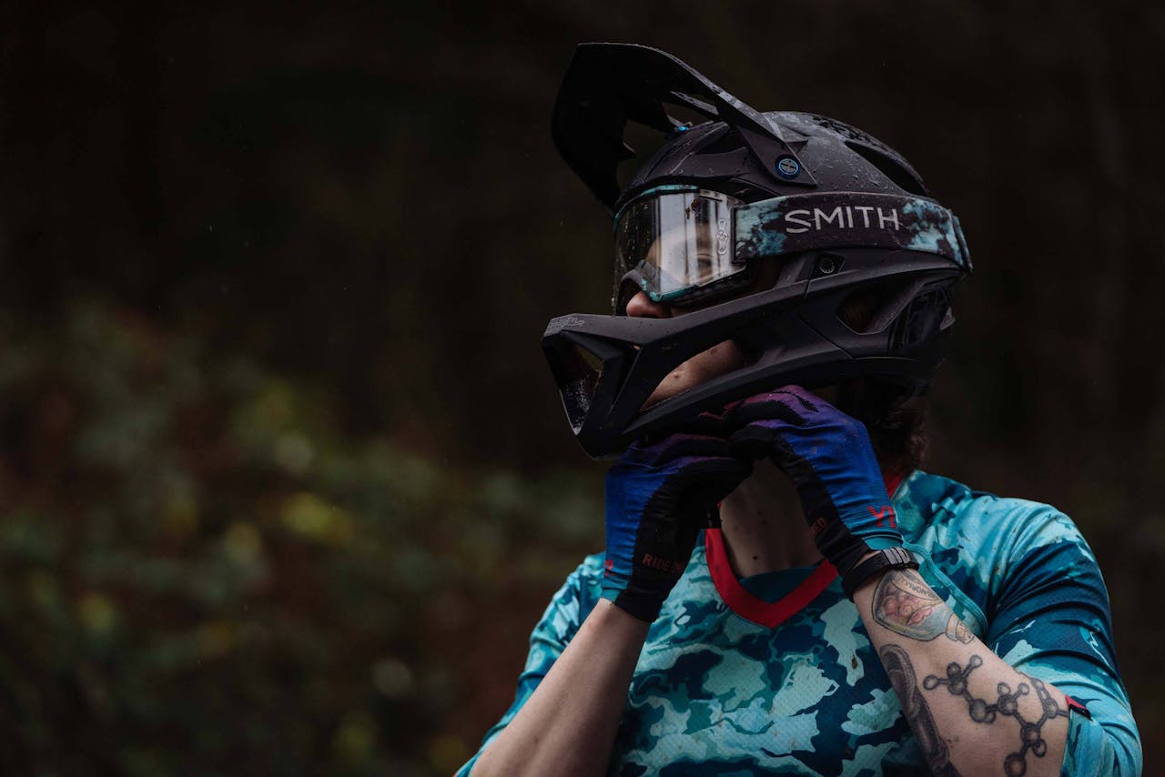Bike rider wearing a helmet